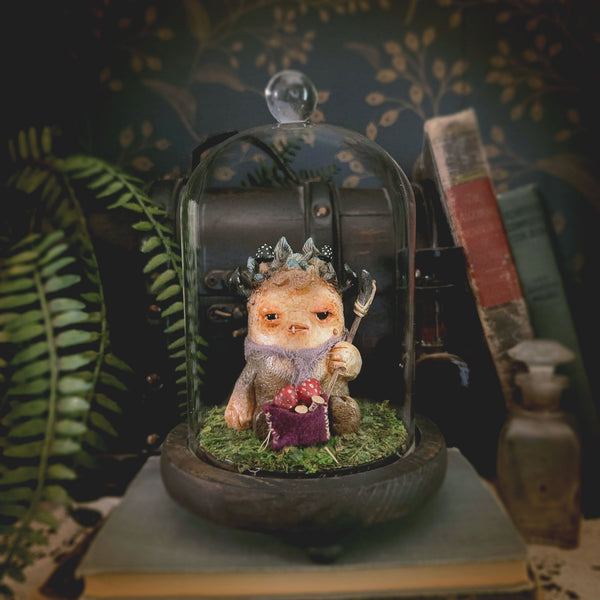 Mushroom Sickling resin sculpture on vintage red book with vintage bell jar and potion bottles, Black Twig Forest cottagecore gothic art