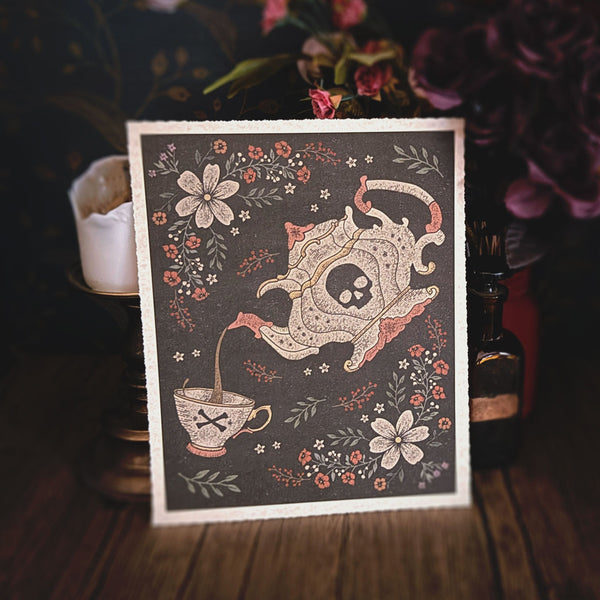 Victorian tea party with floral elements wood print on hand-stained plaque, Haunted Abode gothic art