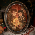 Illustration of two children with a creature inside a box, framed in a dark, ornate border.