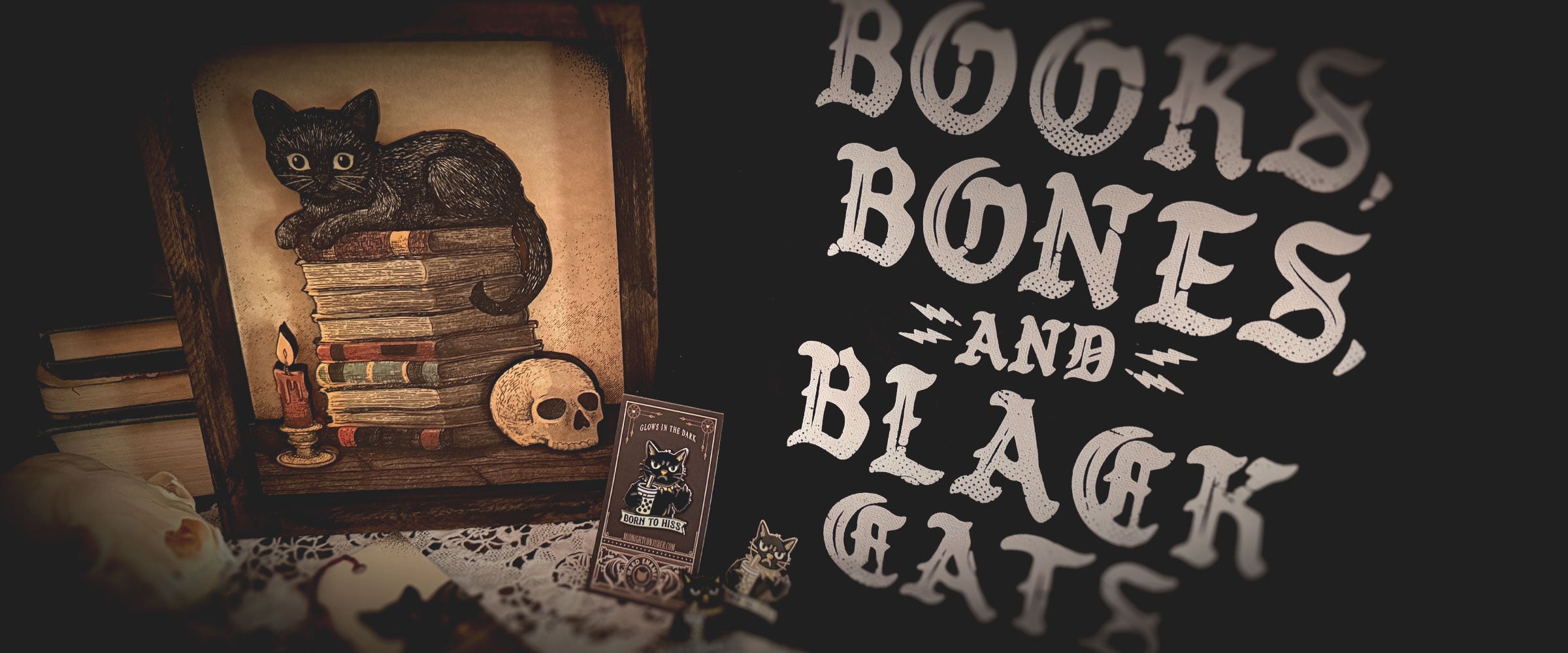 Decorative setup with a black cat on books, skull, and candle, with text 'Books, Bones and Black Cats' on a dark background.