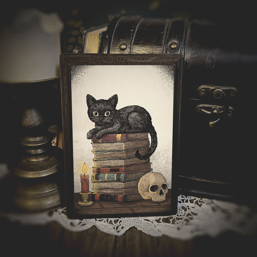 Books, Bones, & Black Cats (wood print)