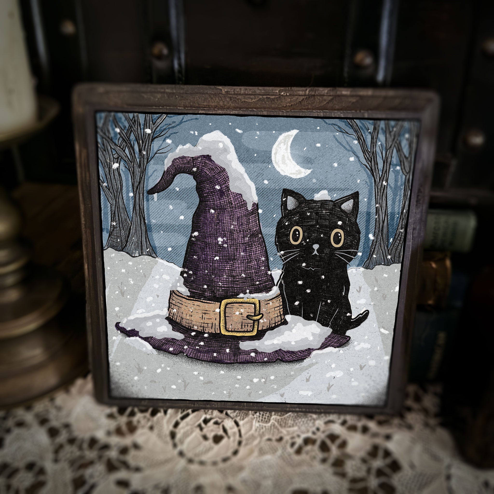 Winter Witch Black Cat Wood Print