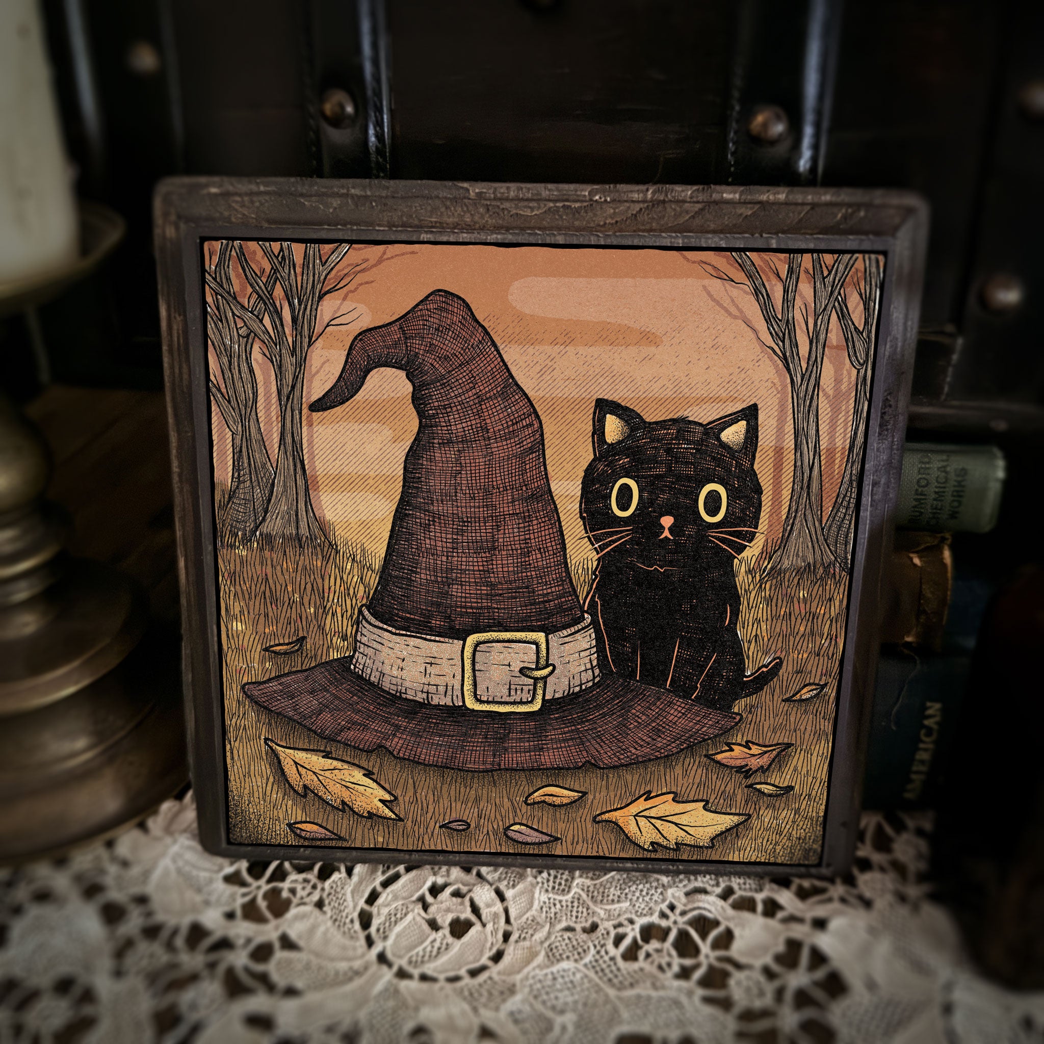 Autumn Witch Black Cat Wood Print
